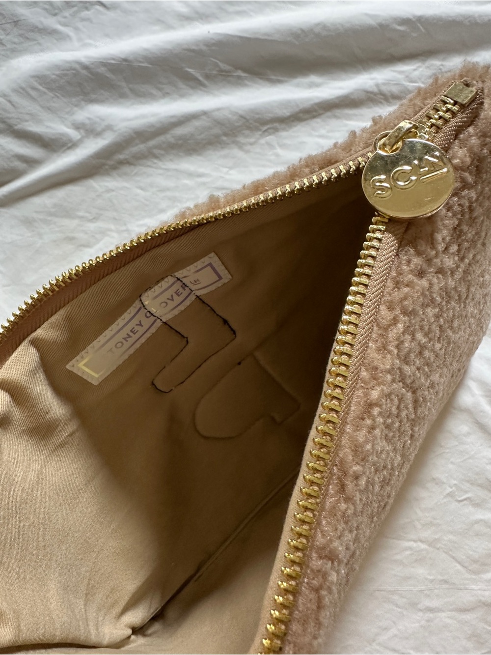 Beige Shearling Zip Pouch with LP Rhinestone Letters - Picture 3 of 3